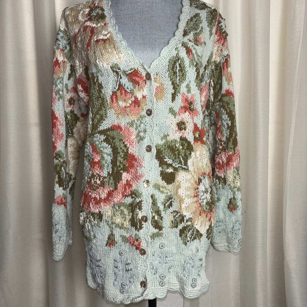 Floral Knit Button-Front Cardigan - Light Blue